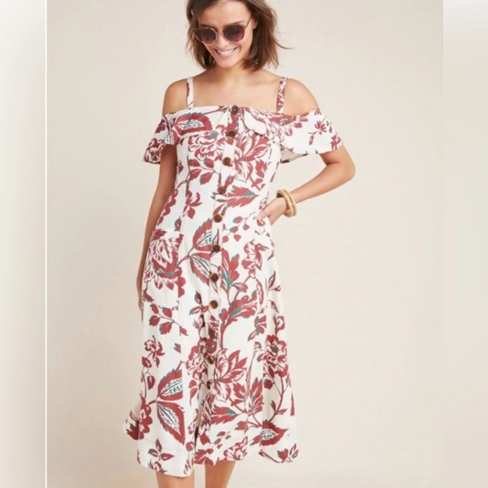 ! ANTHROPOLOGIE: Oahu Floral Off-Shoulder Button Up Dress - Size 0
